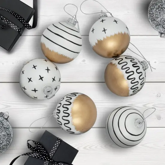 Northlight Abstract Glass Ball Christmas Ornaments - 3" (80mm) - White and Black - 6ct {1}