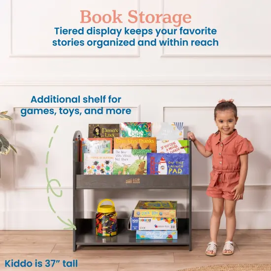 3-Shelf Floor Book Display with Handles and Storage, 30in, Classroom Storage Grey Wash {3}