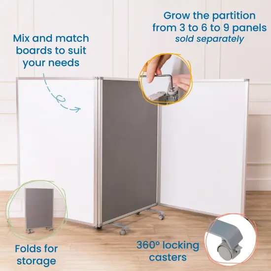 Mobile Dry-Erase and Flannel Room Divider, 3-Panel, School Supplies Grey {5}