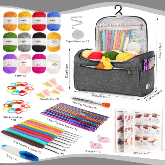 Crochet Kit - 23pcs Crochet Hooks, 655 Yards Yarn Set, and Accessories (Grey) {4}