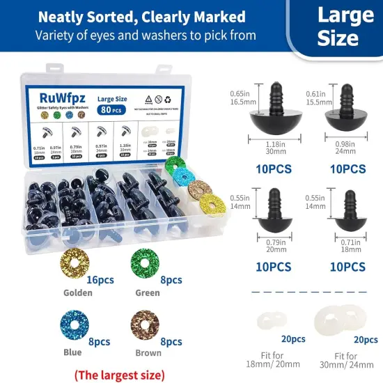 80Pcs Glitter Safety Eyes - 18-30mm - 4 Colors {4}