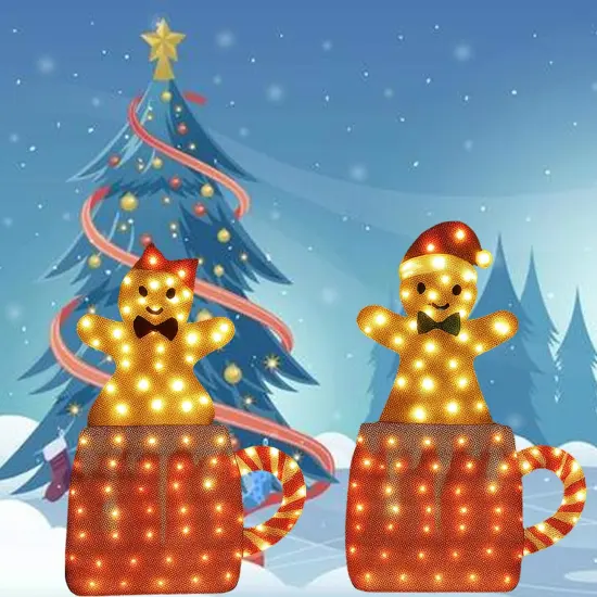 Indoor Holiday Gingerbread Couple Displayed in Festive Mug Duo Set 40" & 42" Tall {5}