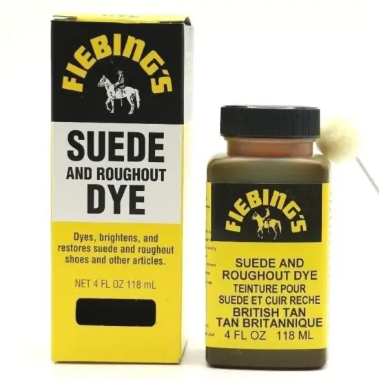 Fiebing's Black Suede Dye (4 oz) - Recolor, Brighten & Restore Suede & Roughout Leather Shoes, Furniture, Purse - Includes Wool Dauber for Easy Application - Flexible When Dry, Won't Crack or Peel British Tan {1}