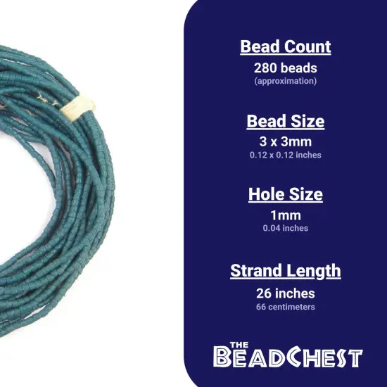 The Bead Chest Ghana Sandcast Beads - Full Strand of African Powder Glass Beads (3mm, Teal) - Single 26" Strand {3}