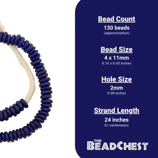 The Bead Chest African Disk Recycled Glass Beads - Full Strand of Eco-Friendly Ghanaian Rondelle Beads (Cobalt Blue) {4}