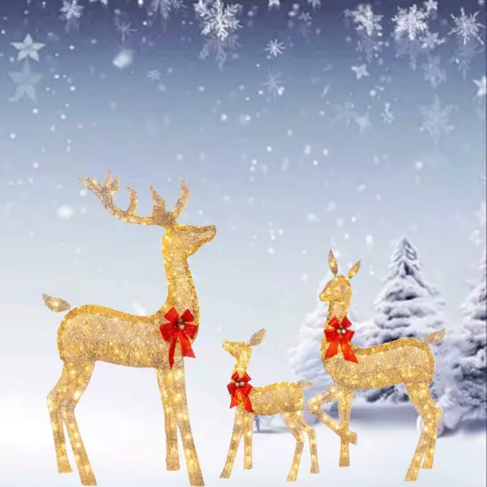 Handwoven Champagne Holiday Deer Family for Rustic Christmas Decorations 63" + 52" + 37" {5}