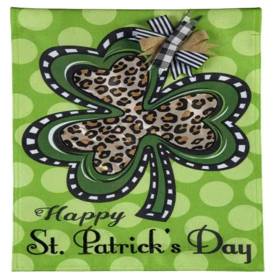 Animal Print Shamrock St Patricks Day Garden Flag 2 Sided Burlap {1}