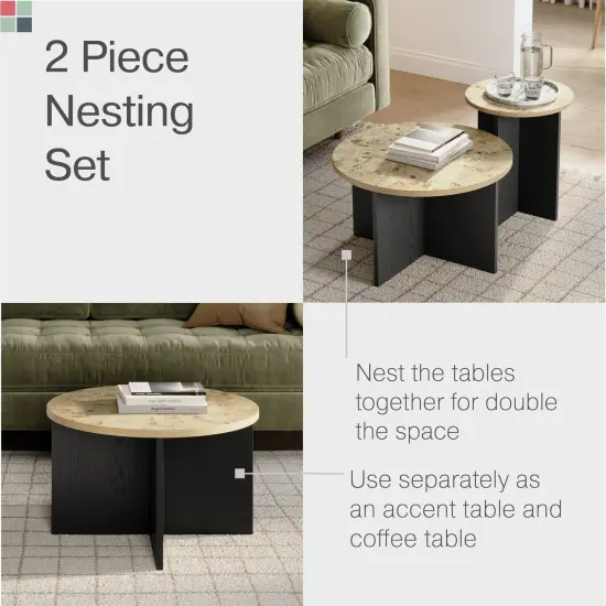 Stead Round Nesting Coffee Tables, 2 Piece Modern Home Decor, Solid Wood Base and Wood Burl Top (Blackened & Burl) {4}