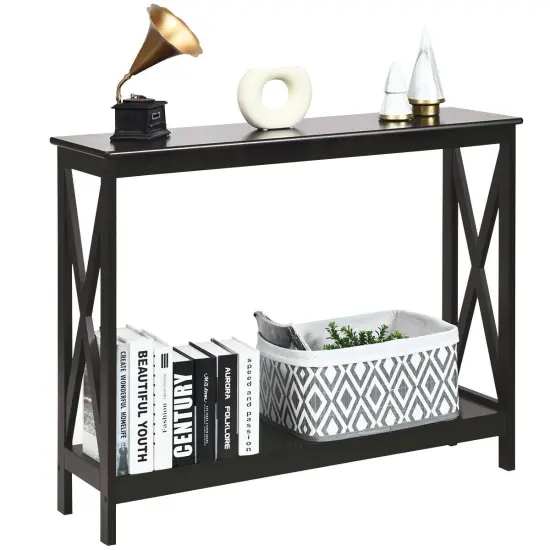2-Tier Console X-Design Sofa Side Accent Table with Spacious Storage Space Black {8}