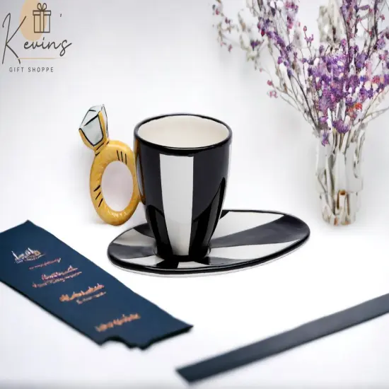 Ceramic Black And White Cup & Saucer with Diamond Ring, Gift for Her, Gift for Friend or Coworker, Tea Party D&eacute;cor, Wedding Decor {1}