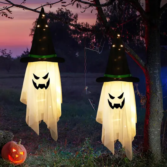 Halloween Decorations Outdoor Hanging Lighted Decor Glowing Ghost Witch Hat {6}