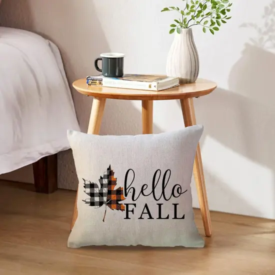 Set of 2 Hello Fall Throw Pillow Covers Buffalo Plaid {2}