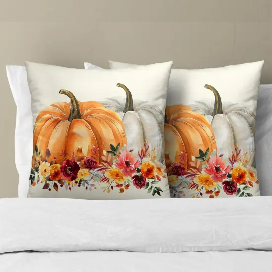 2 Pack of Orange White Pumpkin Flower Leaf Throw Pillow Cover 18x18 Inch {3}