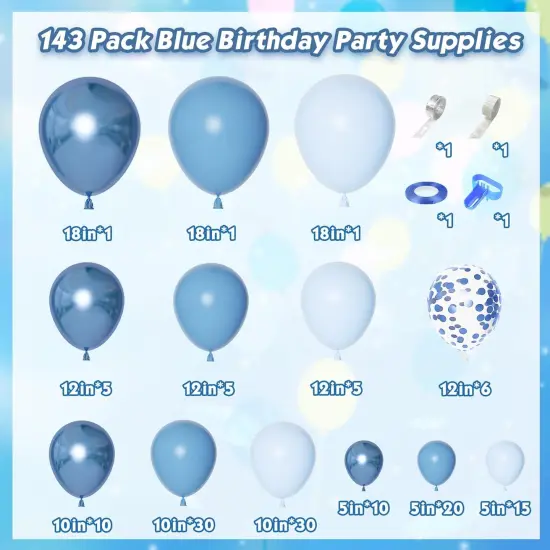 143Pcs Blue Balloons Arch Garland Kit, Different Size Metallic Blue Macaron Confetti Balloons for Boys Blue Birthday Baby Shower Wedding Ocean Themed Party Background Decorations Supplies {2}
