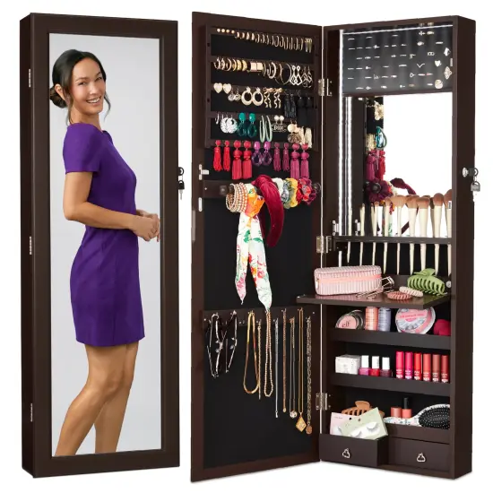 Best Choice Products Hanging Mirror Jewelry Armoire, Door or Wall Mounted Cabinet w/ LED Lights, Lock Espresso {1}