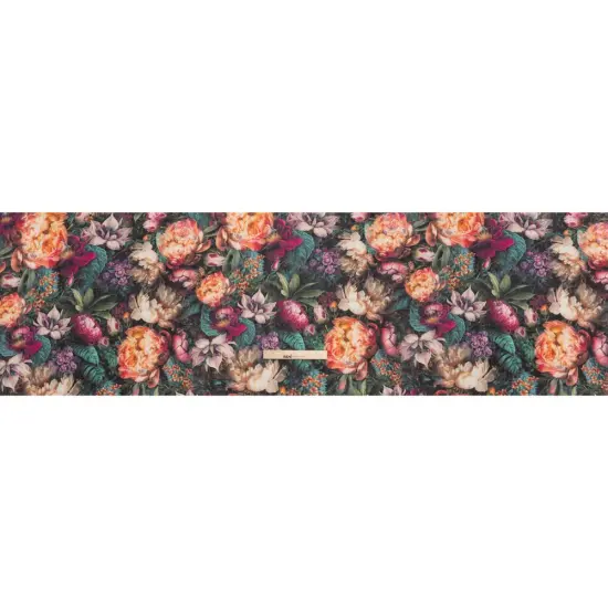 1 Yard Red Violet Peach Dark Green Linen Fabric Medium Weight Mythical Garden 58 inch Width {3}