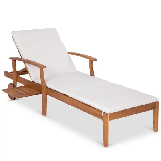 Best Choice Products 79x26in Acacia Wood Outdoor Chaise Lounge Chair w/ Adjustable Backrest, Table, Wheels Cream {1}