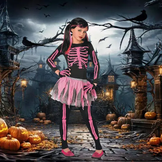 Girls Pink Skeleton Costume with Tutu Skirt and Gloves {4}