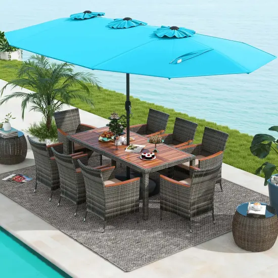 Costway 10 Pieces Patio Wicker Dining Set with Double-Sided Patio Umbrella 8 Armchairs Grey/Red/Orange/Turquoise/Beige/Coffee {1}