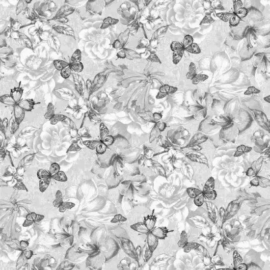 Grey Monotone Butterfly and Floral Cotton Wideback Fabric per yard {1}