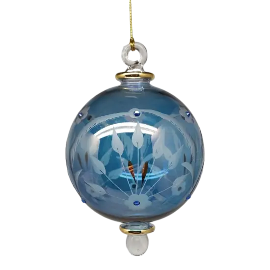 Etched Blown Glass Ball with Crystal Accents - Blue {1}