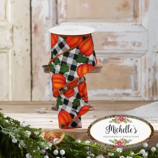 2.5" Leaves Pumpkin on Check Ribbon: White (10 Yards) {4}