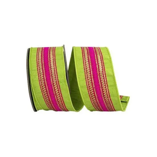 2.5" Regal Stripe Trimming Dupioni Ribbon: Lime/Pink (5 Yards) {1}