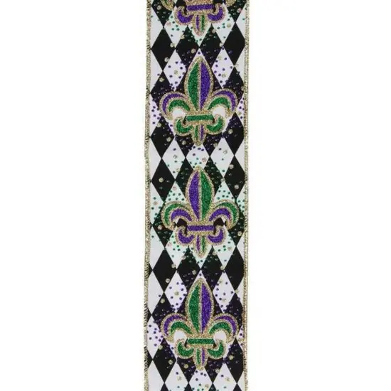 2.5" Fleur De Lis Harlequin Ribbon: Mardi Gras (10 Yards) {2}