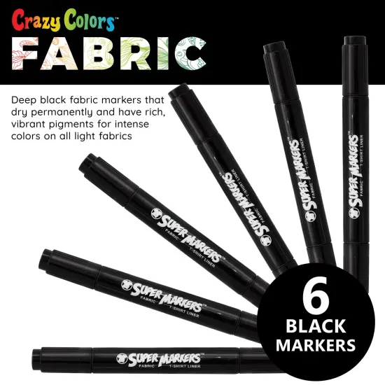 Super Markers Black Dual Tip Fabric & T-Shirt Markers, Set of 6 - Double-Ended Fabric Markers with Chisel Point and Fine Point Tips {2}