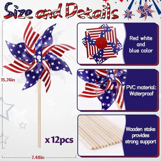 Reflective Patriotic Pinwheels 4th of July Decorations 12 Pack Red White and Blue {2}