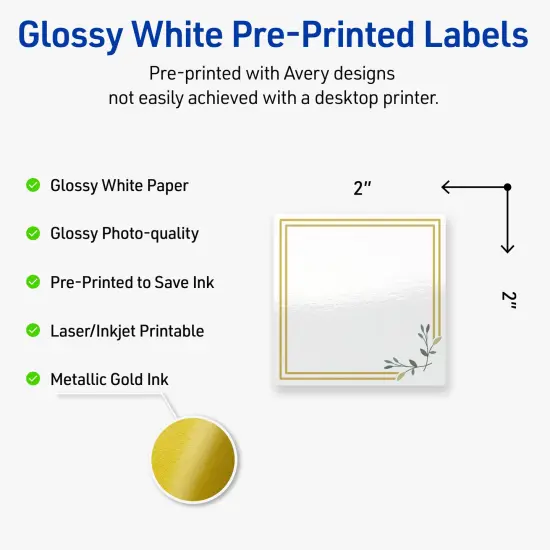 Avery Printable Square Labels, Gold Double Border with Florals, 2" x 2", Glossy White Square Labels, Permanent, Laser/Inkjet, 120ct, Great for Product Labels {2}