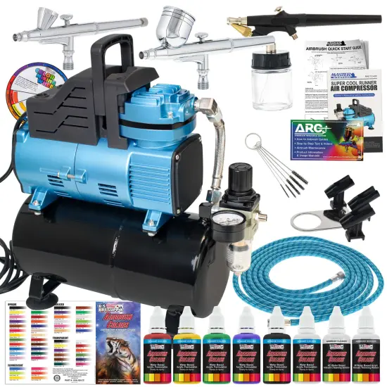 Master Airbrush Super Cool Runner Dual Fan Air Compressor with Storage Tank - Airbrushing System Kit with 3 Airbrushes, 6 Color Acrylic Paint Art Set {1}