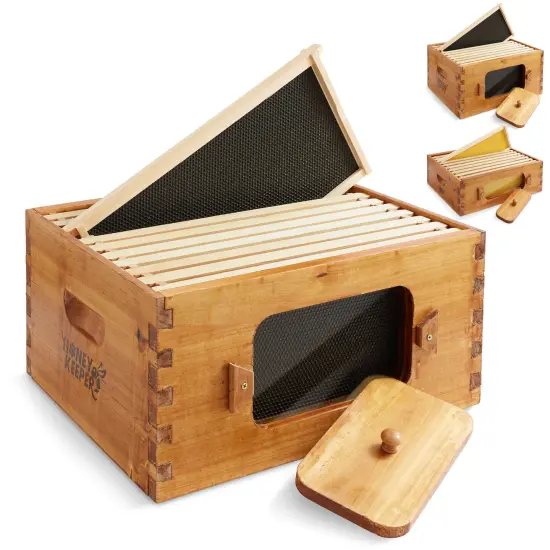 Honey Keeper Brood Box with Window, 100% Beeswax Coated Beehive Kit with 10 Wooden Frames and Waxed Foundations for Langstroth Beekeeping {7}