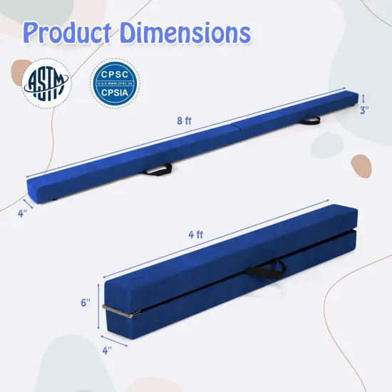 8 Feet Portable Folding Gymnastic Balance Beam with Solid Wood Base Ideal for Walkover or Cartwheel Blue {5}