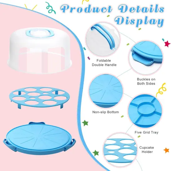 Cake Carrier with Lid and Handle 11inch Round Cake Carrier Portable Cake Stand Plastic Pie Carrier Cake Storage Container for Transport Cakes, Pies (Blue) {4}