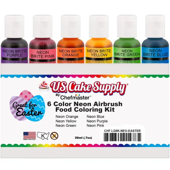 6 Color Neon Cake Food Coloring Liqua-Gel Easter Egg Decorating Baking Set - U.S. Cake Supply .75 fl. Oz. (20ml) Bottles {2}