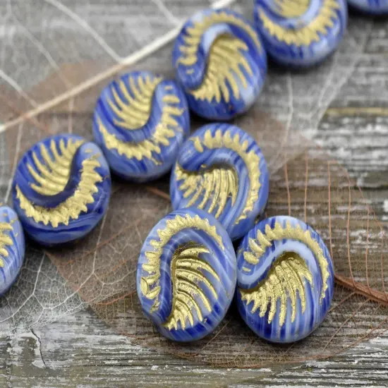 *6* 19mm Gold Washed Blue Hurricane Fossil Coin Beads {6}