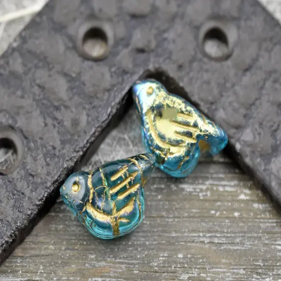 *6* 11x22mm Gold Washed Teal AB Bird Beads {3}
