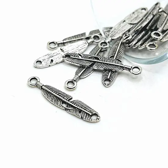 Silver Feather Connector Charms, 37x7mm {1}