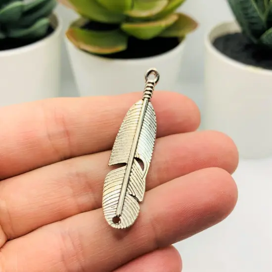 Silver Feather Connector Charms, 45x11mm {3}
