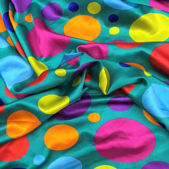 1 Yard Multicolor Polka Dot Satin Fabric Jade Background Lightweight Semi Shiny Polyester 58 Inch Width {2}