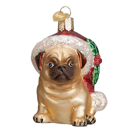 Old World Christmas 3.5 Inch Holly Hat Pug Tree Ornament , Faithful Companion Dog Brown {1}