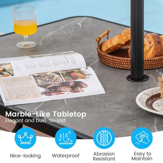 Costway Patio Rectangle Dining Table 49'' x 29.5'' Marble-Like Tabletop with Umbrella Hole {6}
