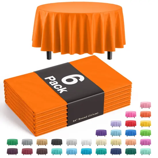 Exquisite Disposable Round Plastic Tablecloths &ndash; 6 Pack 84" Disposable Table Cloths &ndash; Indoor/Outdoor Party Tablecloth &ndash; Round Plastic Table Cover for Events & Party Supplies Orange {1}