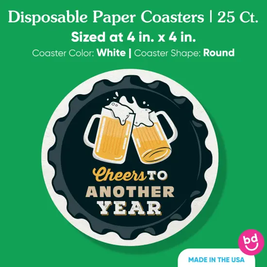 Big Dot of Happiness 25 Ct Cheers and Beers Birthday Drink Coasters, 4-Inch Disposable Round Paper Coasters for Birthday, Table Decor for Bar Drinks {5}