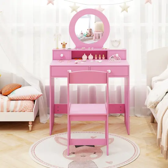 MDF Kids Vanity Set with Acrylic Mirror, Storage and Chair Pink {6}