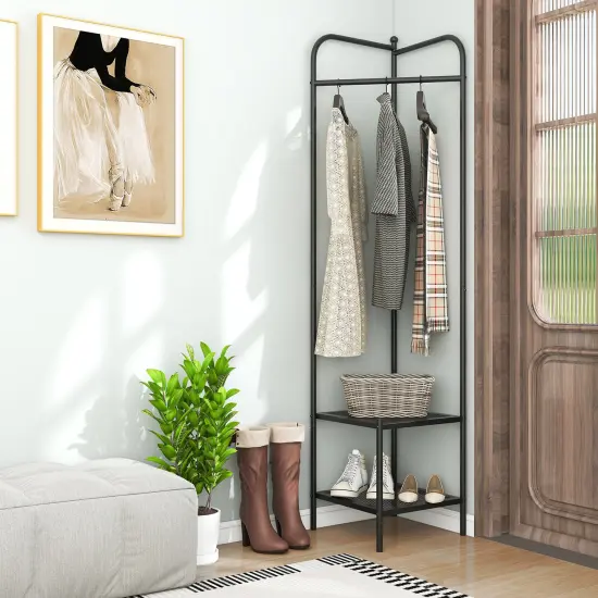 Corner Coat Rack with Top Hanger and 2 Mesh Shelves for Entryway White {7}