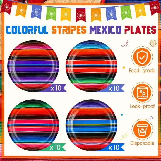 40 Pcs Mexican Paper Plates 7" Disposable Serape Fiesta Party Decoration Mexico Stripes Dessert Plate Colorful Mexico Platter Supply for Cinco De Mayo Pi&ntilde;ata Taco Dinner Tableware {4}