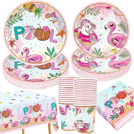 Summer Pool Party Decorations- 121PCS Pink Pool Plates and Napkins Set Beach Party Cups Tablecloths Flamingos Unicorns {1}