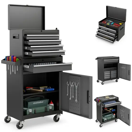 2-in-1 Tool Chest Cabinet with 5 Sliding Drawers and 4 Universal Wheels Perfect for Garage or Workshop Black & Gray {4}
